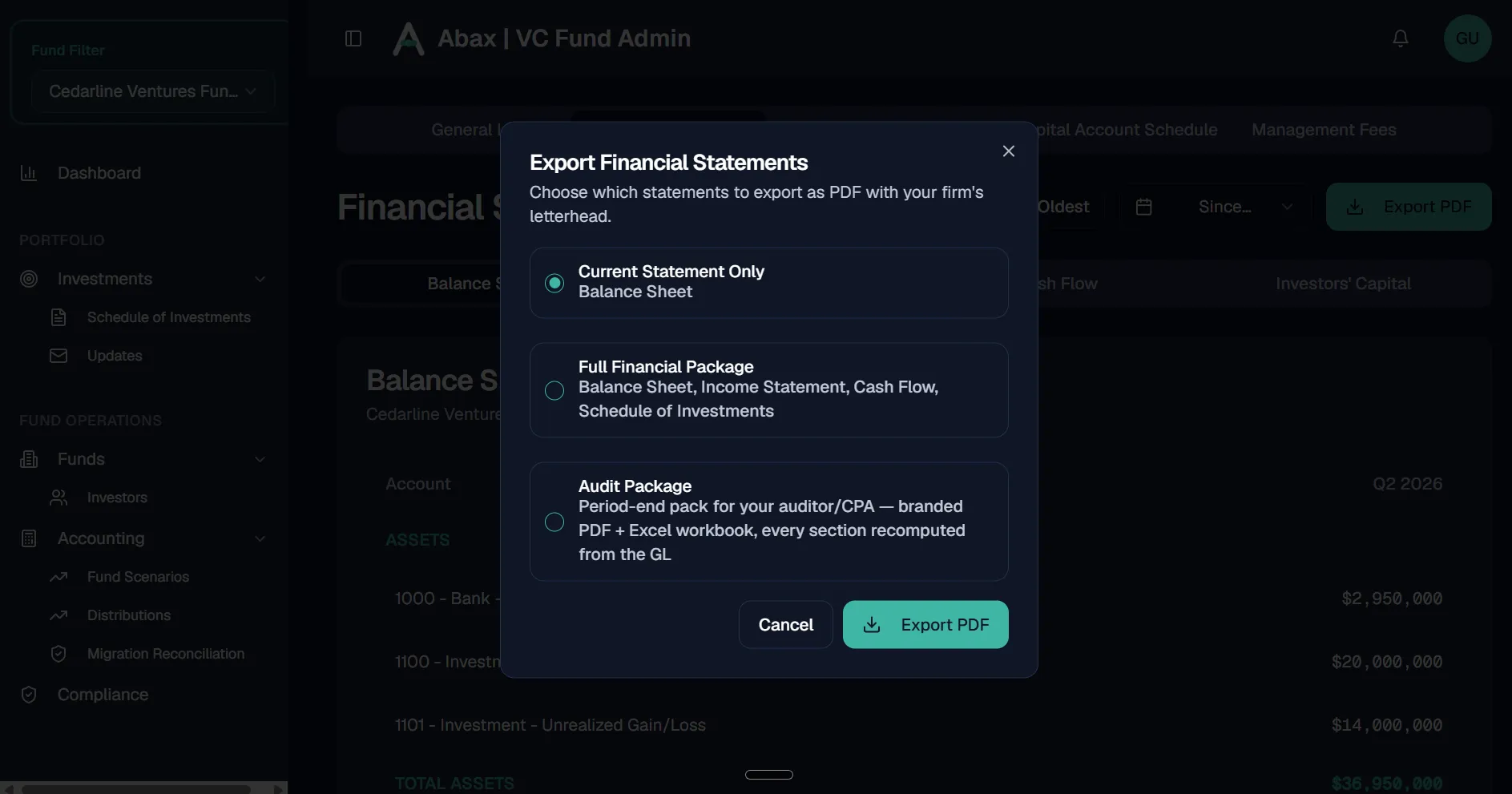 Abax audit package export dialog offering a one-click period-end pack as PDF and Excel